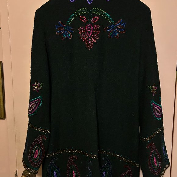 Linea Colorfully Embroidered Black Wool Long Jacket/Coat - Picture 3 of 4